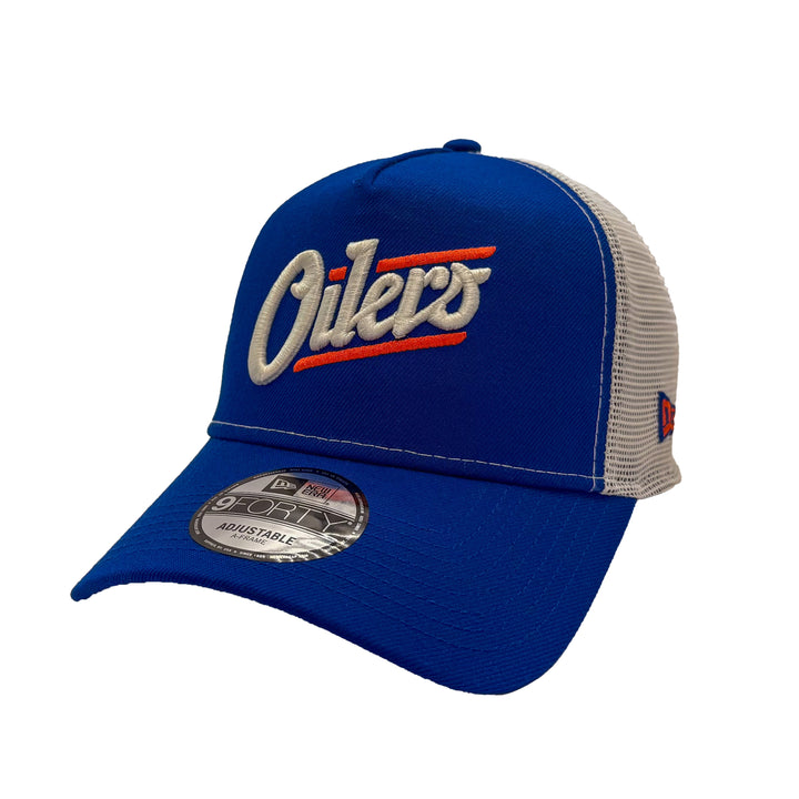 Edmonton Oilers New Era Blue 9FORTY Alternate Logo A-Frame Trucker Adjustable Hat