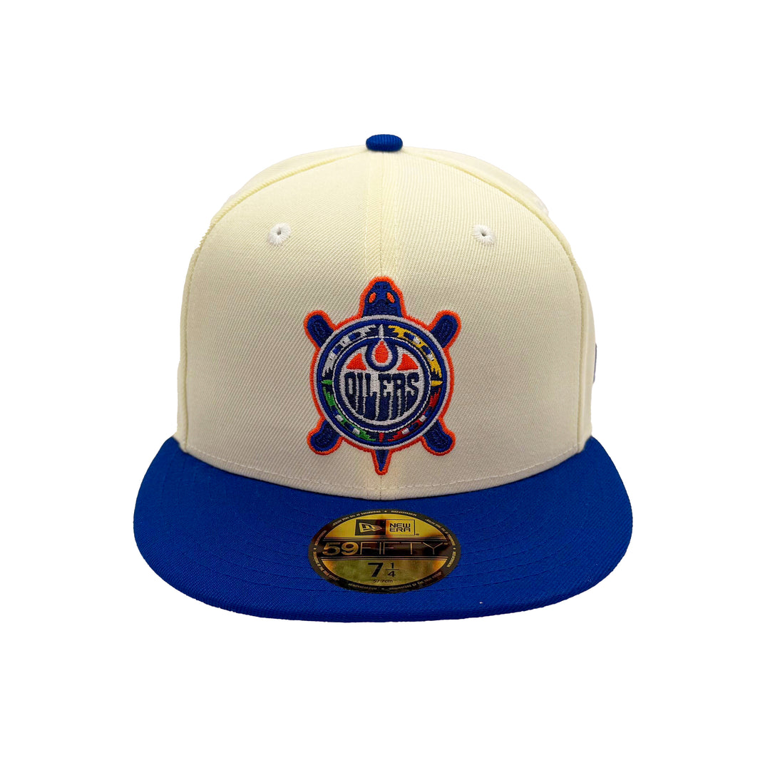 Edmonton Oilers New Era Blue & Chrome 59FIFTY Fitted Turtle Island Logo Hat