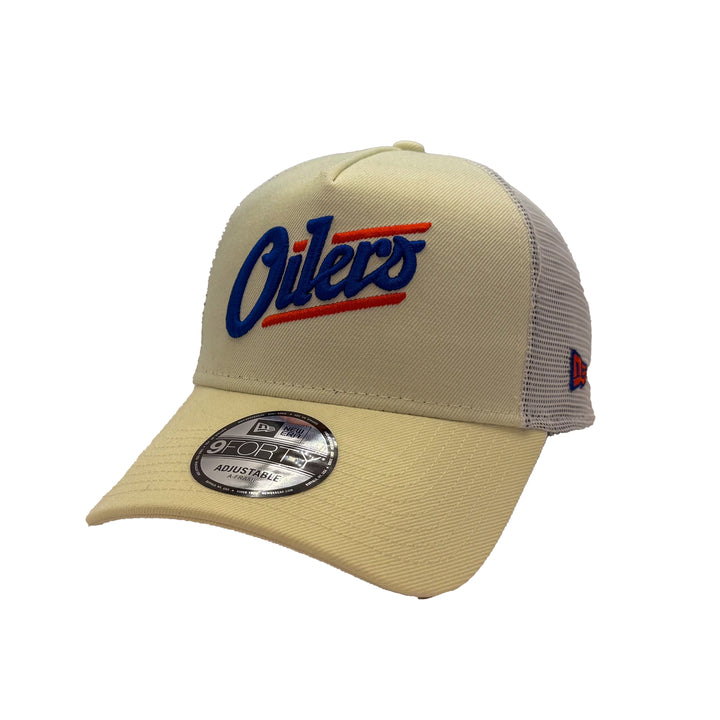 Edmonton Oilers New Era Cream 9FORTY Alternate Logo A-Frame Trucker Adjustable Hat