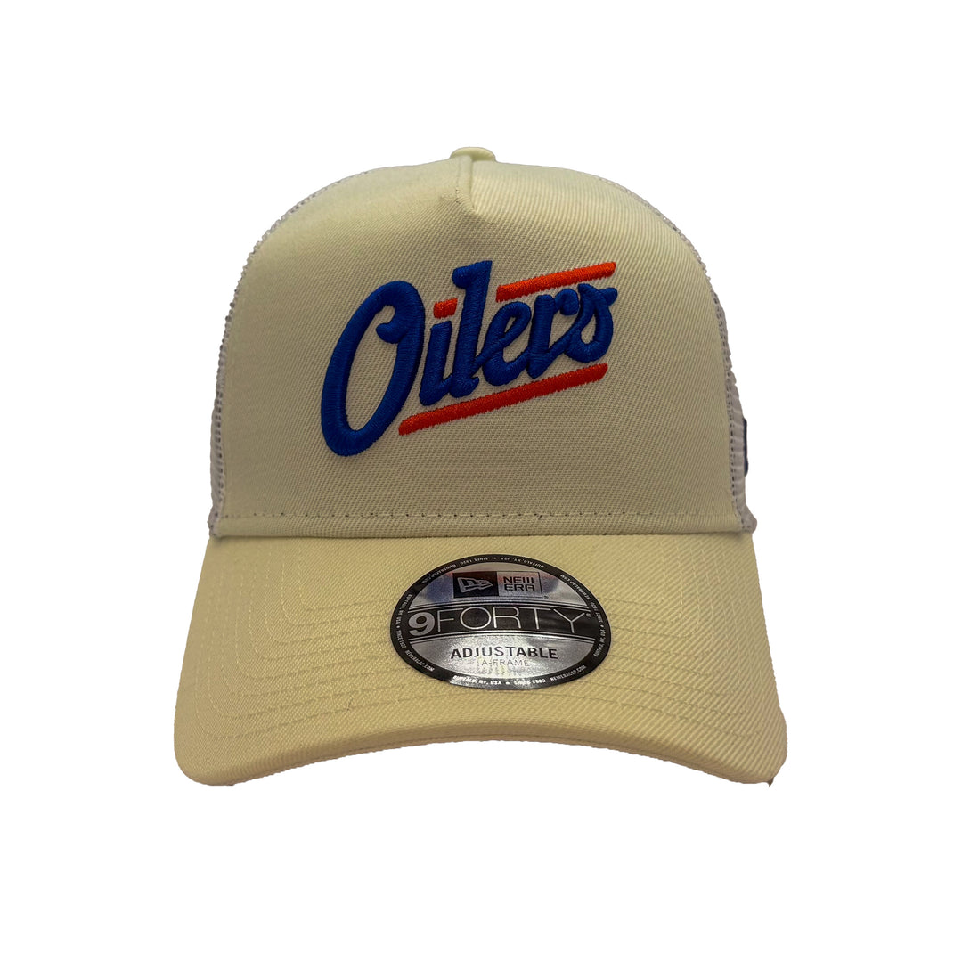 Edmonton Oilers New Era Cream 9FORTY Alternate Logo A-Frame Trucker Adjustable Hat