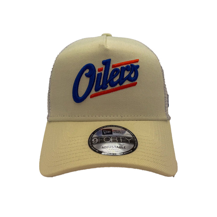 Edmonton Oilers New Era Cream 9FORTY Alternate Logo A-Frame Trucker Adjustable Hat