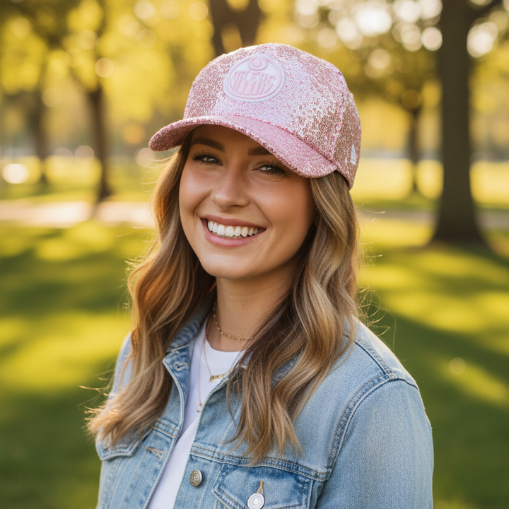 Edmonton Oilers Women's New Era Pink Sequin 9FORTY M-Crown Snapback Hat