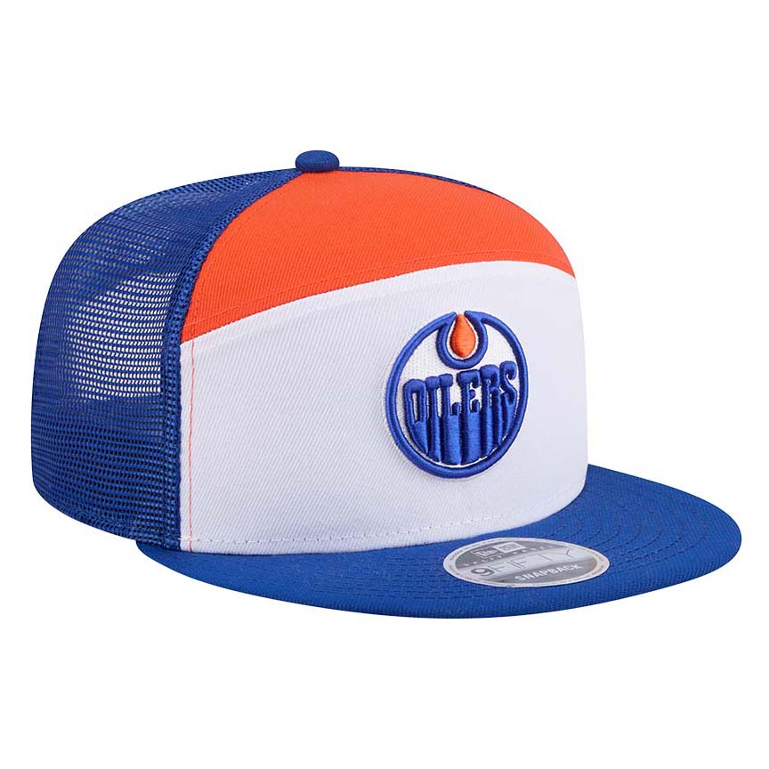 Edmonton Oilers New Era Split Panel Blue/White/Orange 9FIFTY Mesh Snapback Hat