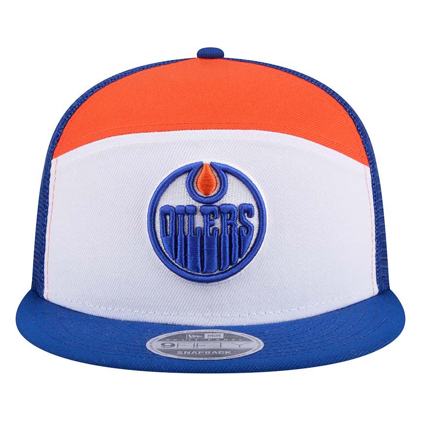 Edmonton Oilers New Era Split Panel Blue/White/Orange 9FIFTY Mesh Snapback Hat