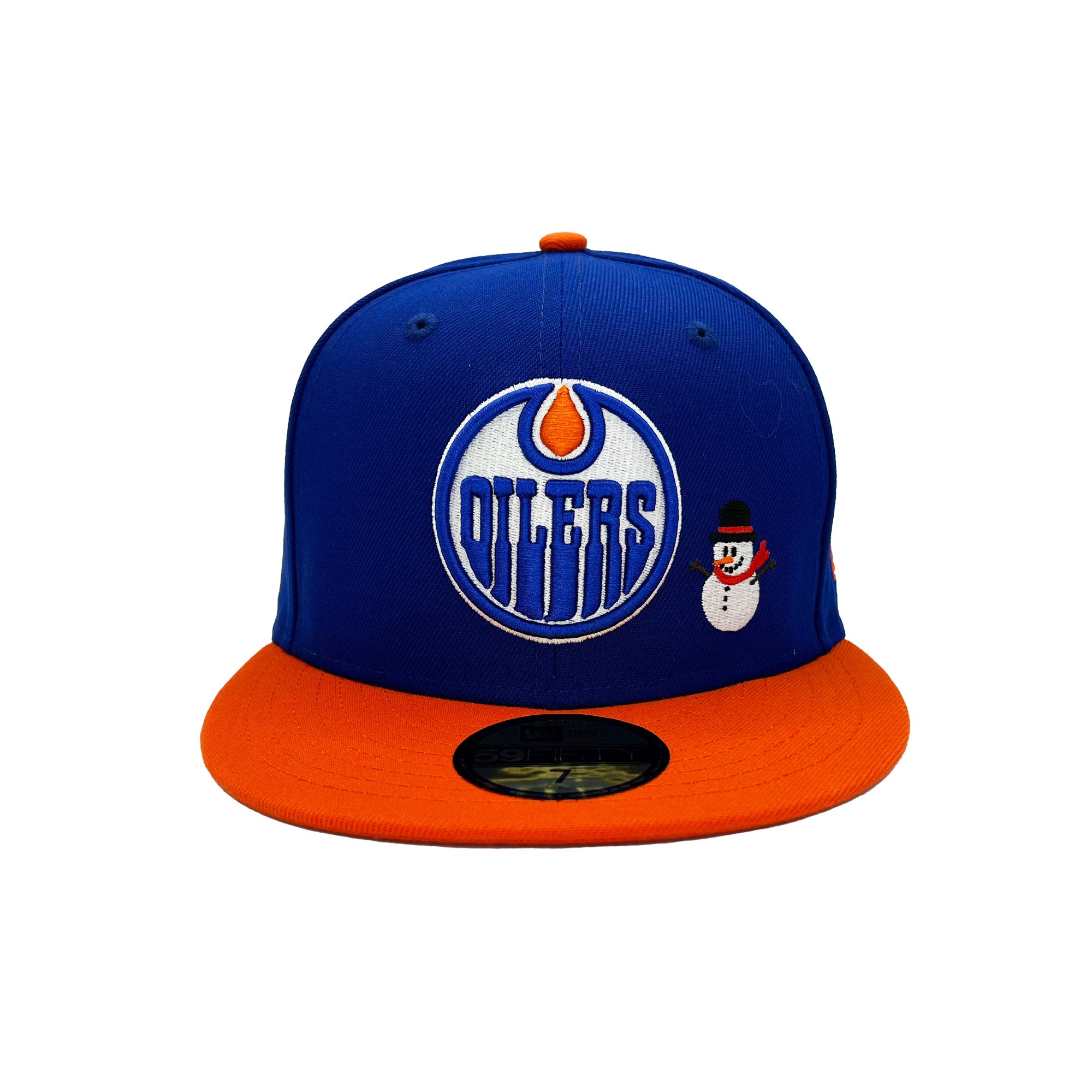 Edmonton Oilers New Era Blue Orange Snowman 59FIFTY Fitted Logo Hat