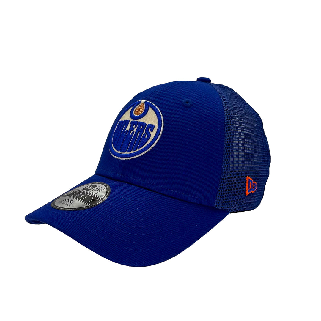 Edmonton Oilers Youth New Era Blue Sparkle 9FORTY Trucker Snapback Hat
