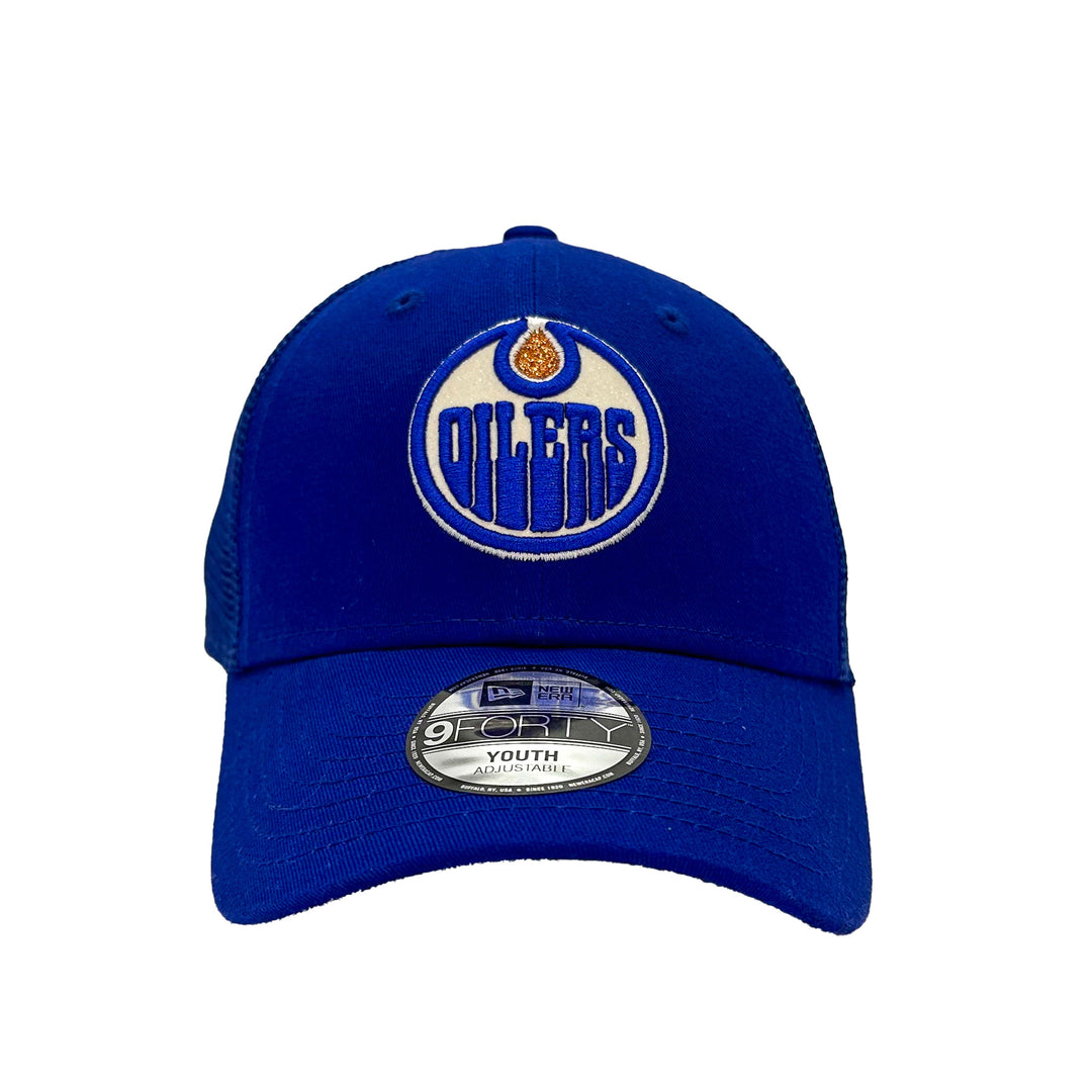 Edmonton Oilers Kids New Era Blue Sparkle 9FORTY Trucker Snapback Hat