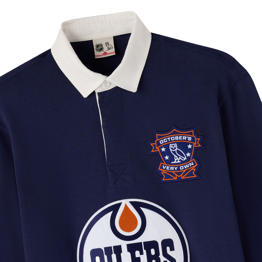 Edmonton Oilers October's Very Own OVO x NHL Navy Rugby Polo Sweatshirt