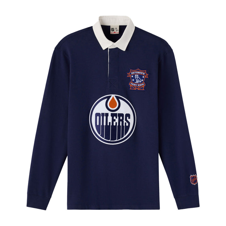 Edmonton Oilers October's Very Own OVO x NHL Navy Rugby Polo Sweatshirt