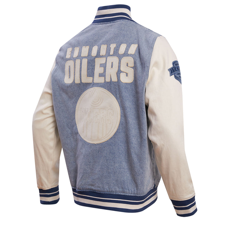 Edmonton Oilers Pro Standard Blue & Cream Varsity Blues Denim Jacket