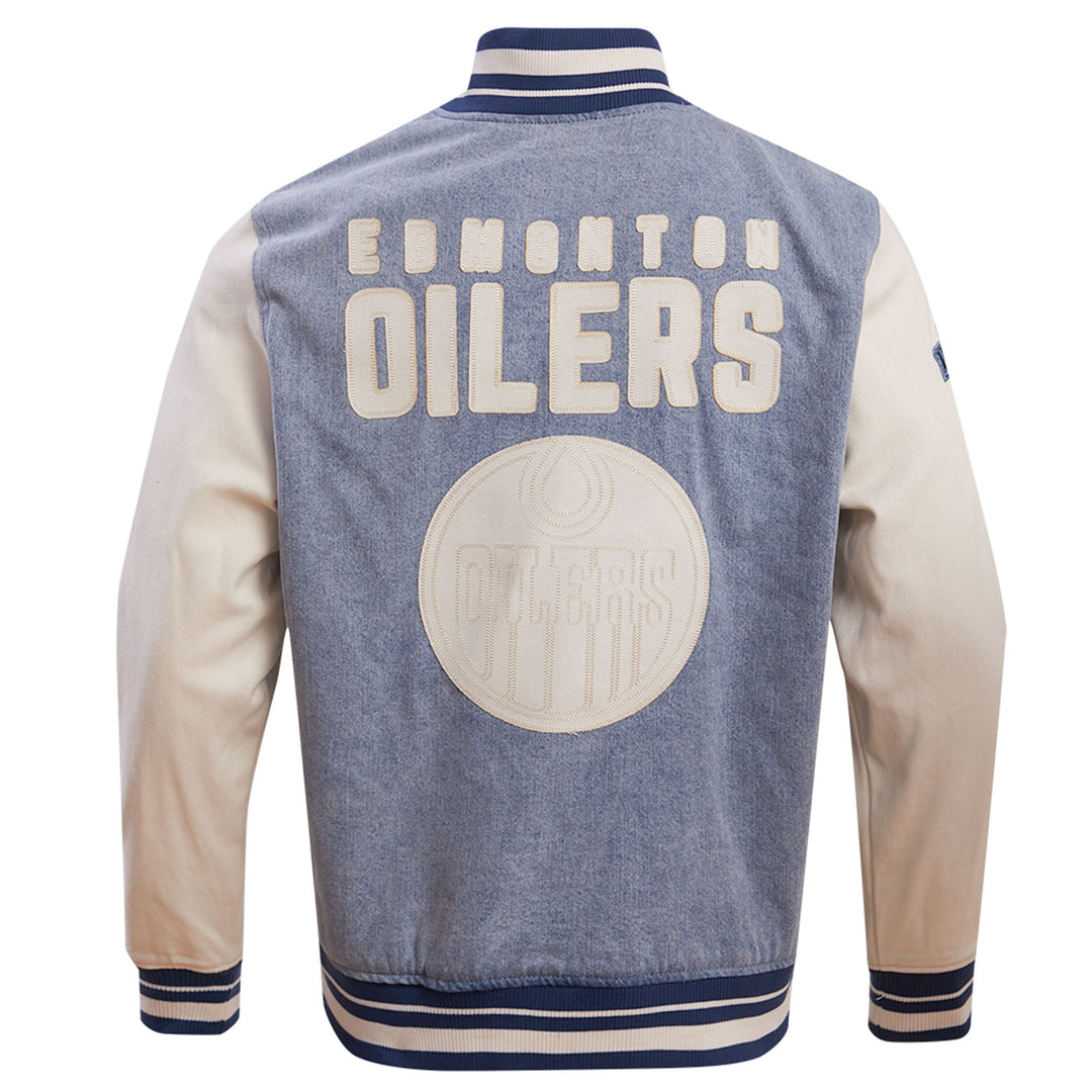 Edmonton Oilers Pro Standard Blue & Cream Varsity Blues Denim Jacket