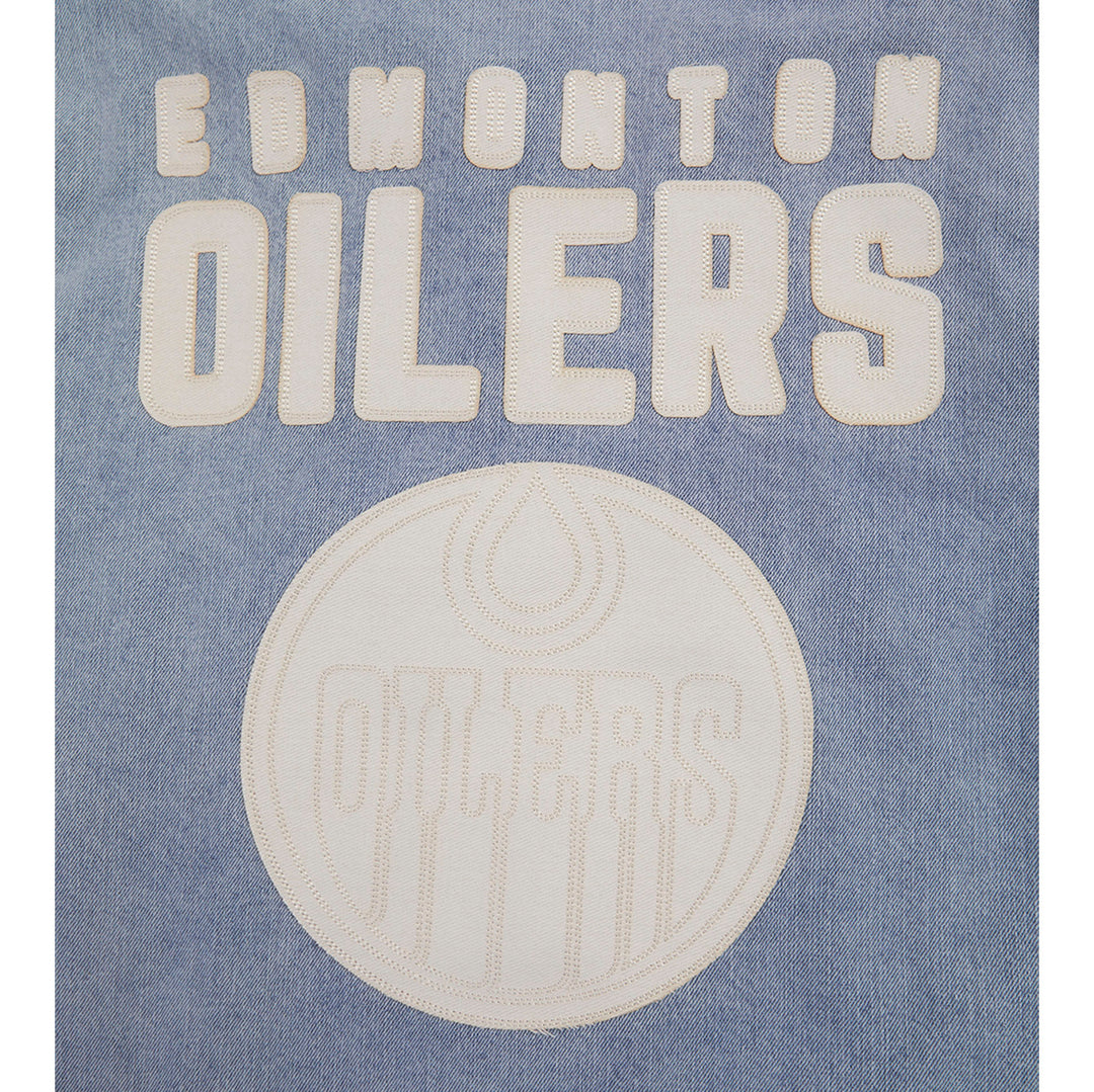 Edmonton Oilers Pro Standard Blue & Cream Varsity Blues Denim Jacket