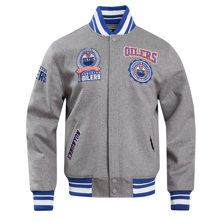 Edmonton Oilers Pro Standard Crest Emblem Heather Grey Wool Varsity Jacket