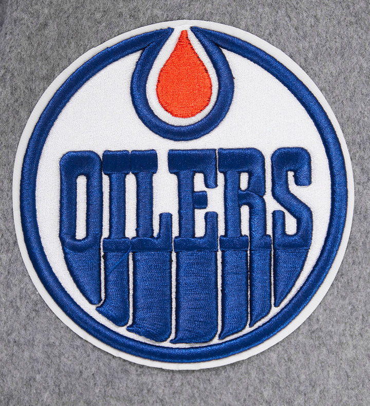 Edmonton Oilers Pro Standard Crest Emblem Heather Grey Wool Varsity Jacket