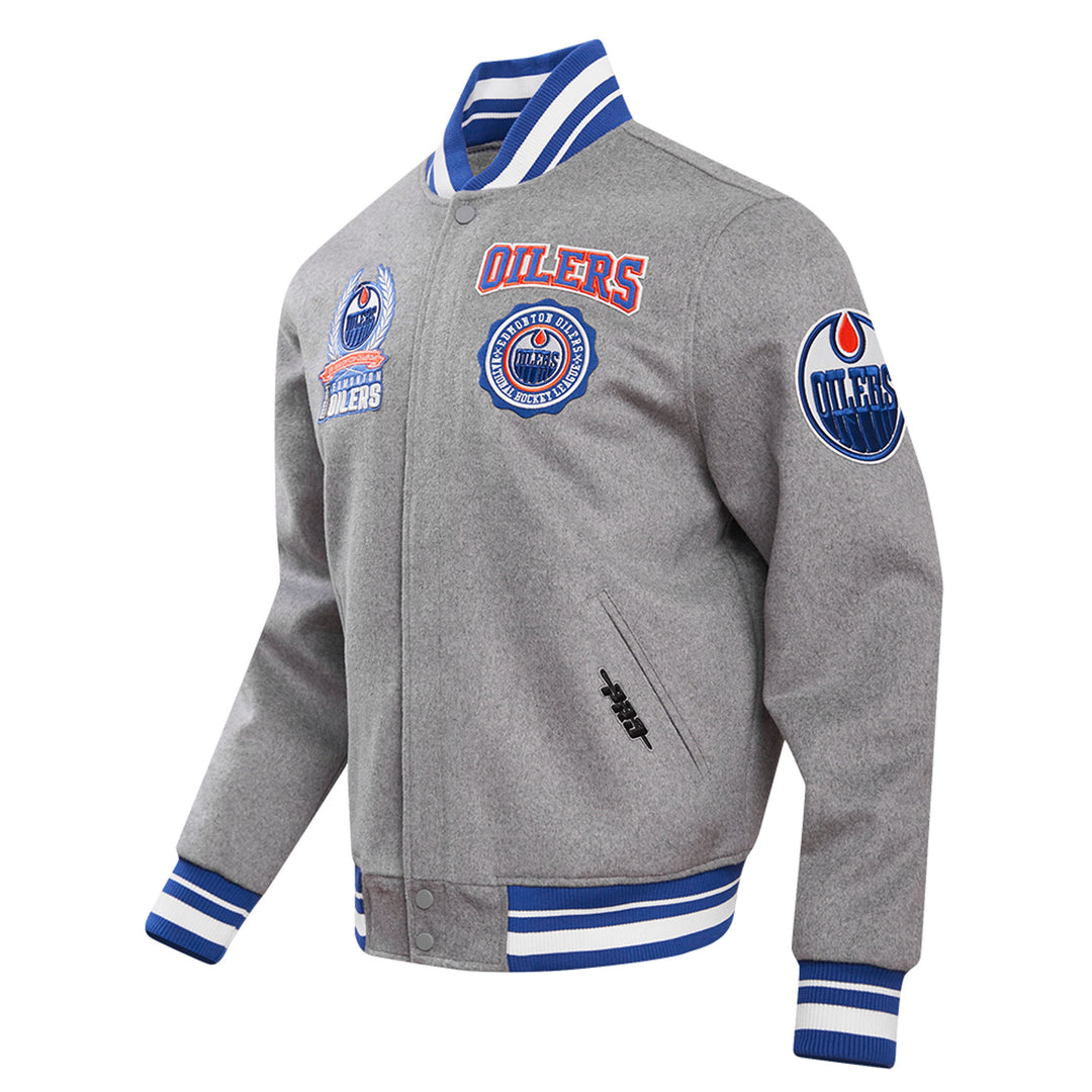 Edmonton Oilers Pro Standard Crest Emblem Heather Grey Wool Varsity Jacket