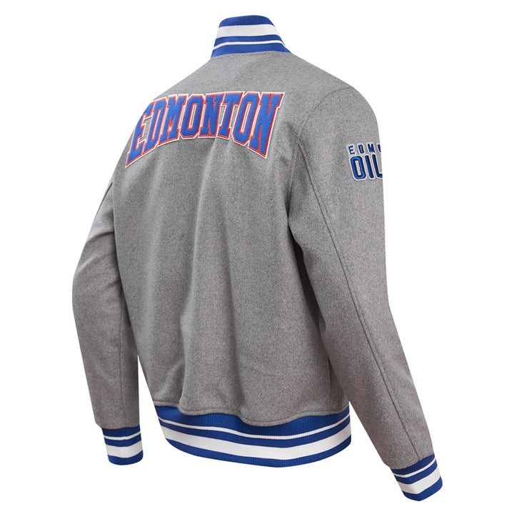 Edmonton Oilers Pro Standard Crest Emblem Heather Grey Wool Varsity Jacket