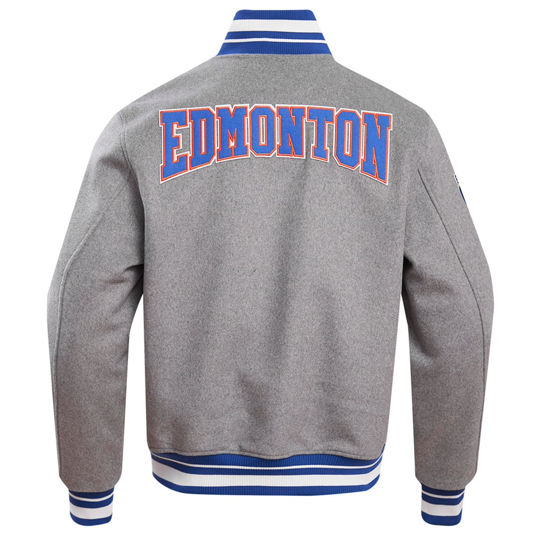 Edmonton Oilers Pro Standard Crest Emblem Heather Grey Wool Varsity Jacket