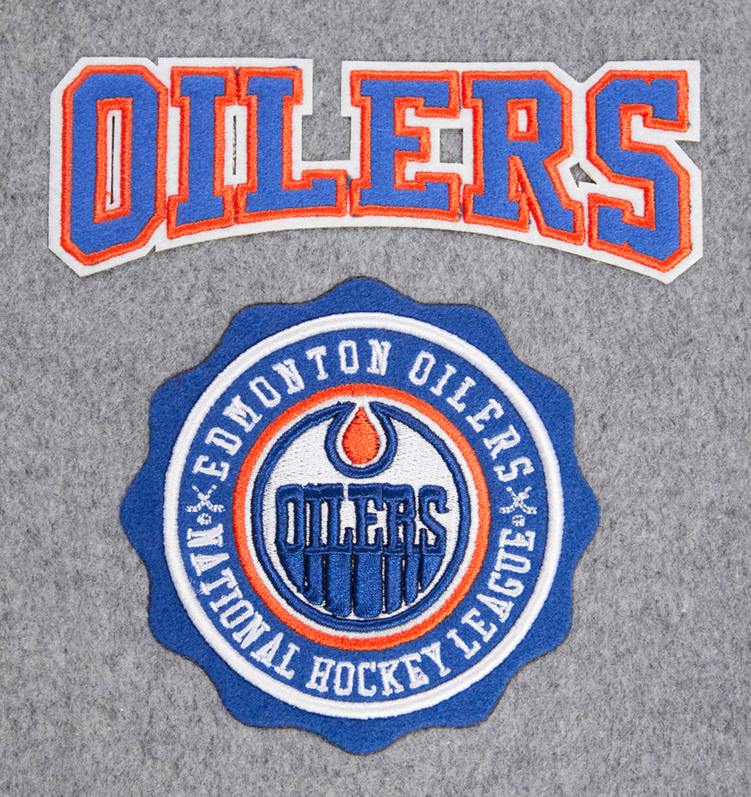 Edmonton Oilers Pro Standard Crest Emblem Heather Grey Wool Varsity Jacket