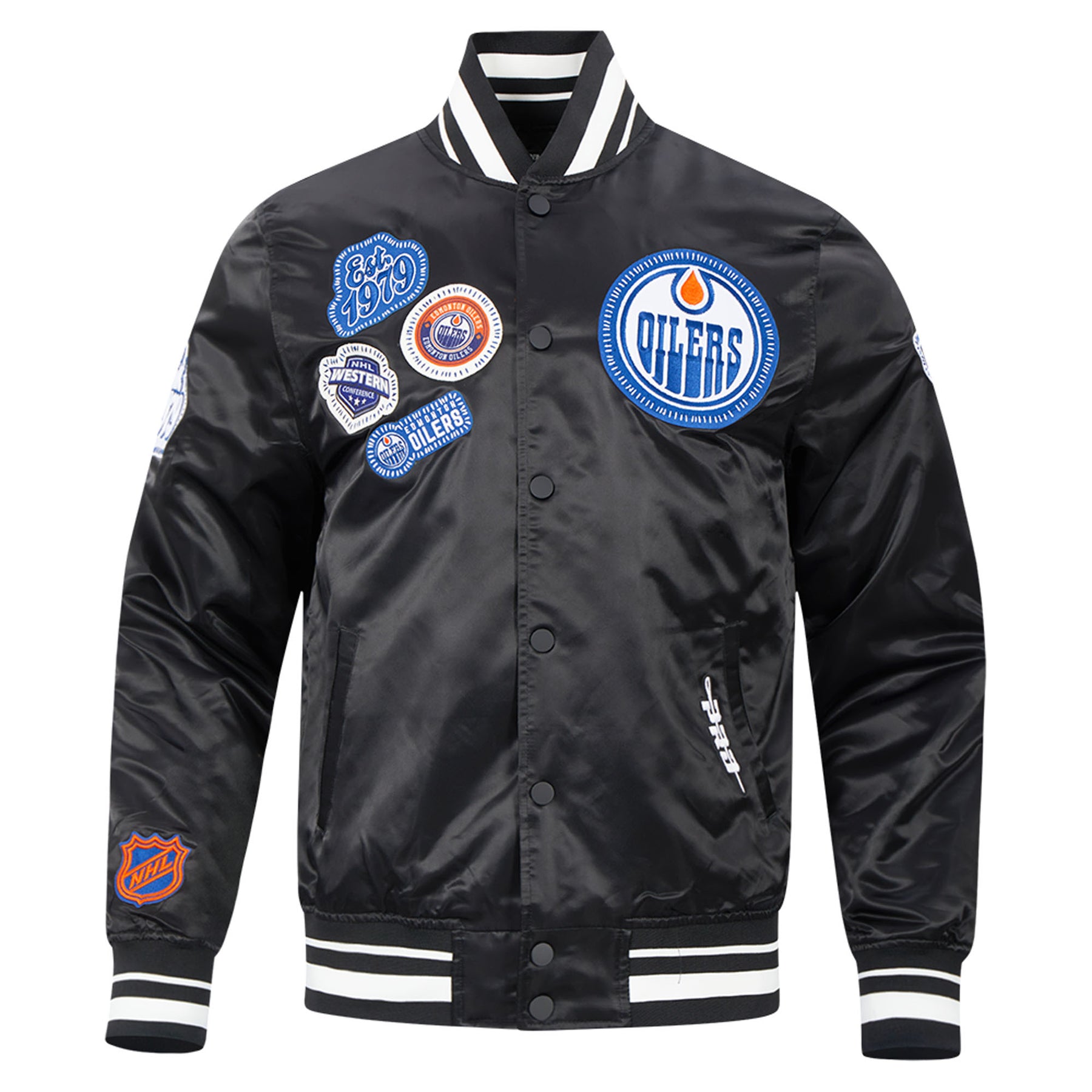 Edmonton Oilers Unisex Pro Standard Pick Stitch Black Satin Varsity Ja