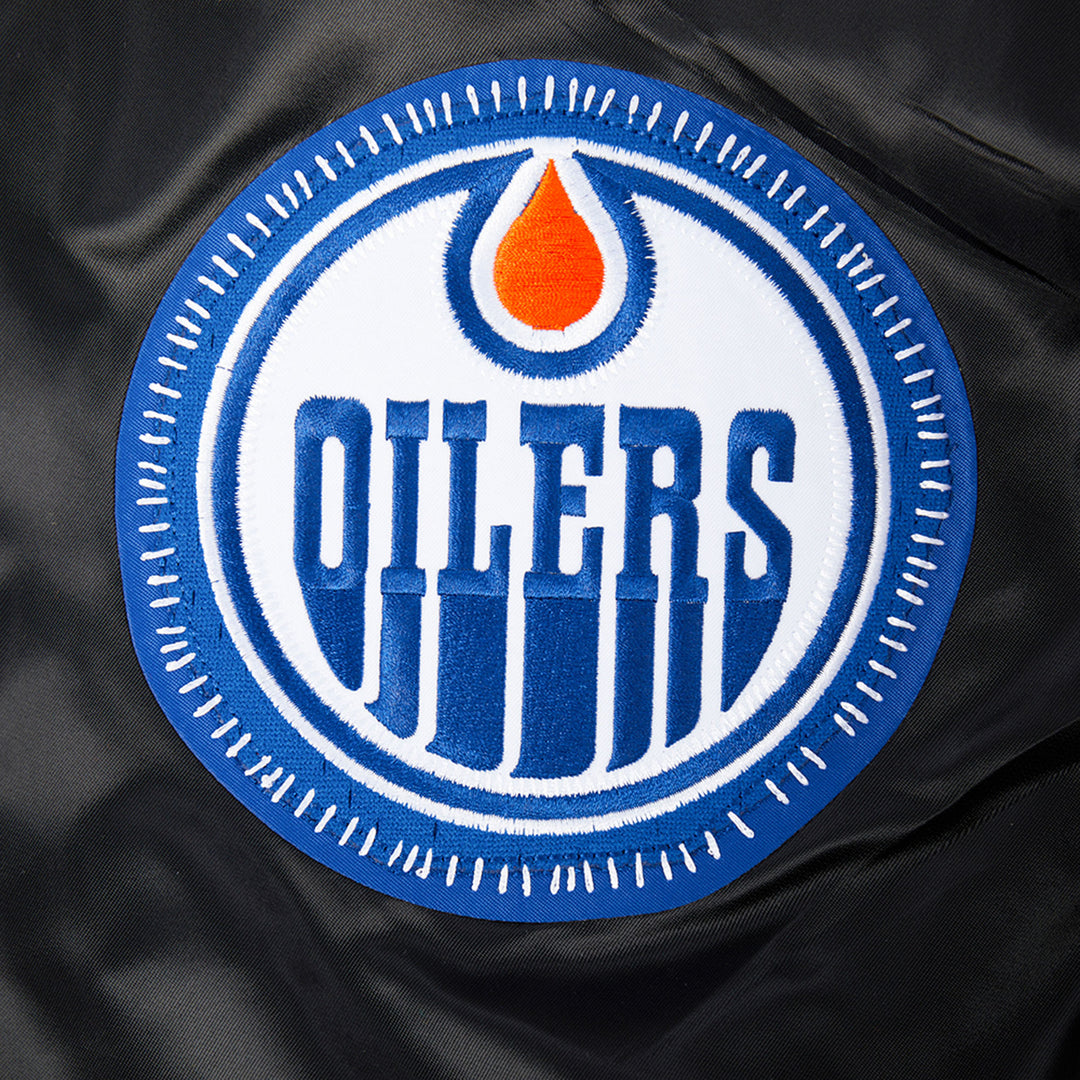 Edmonton Oilers Pro Standard Pick Stitch Black Satin Varsity Jacket
