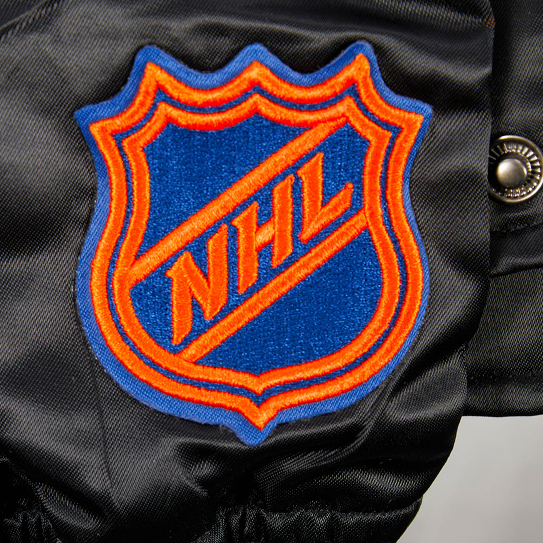 Edmonton Oilers Pro Standard Pick Stitch Black Satin Varsity Jacket