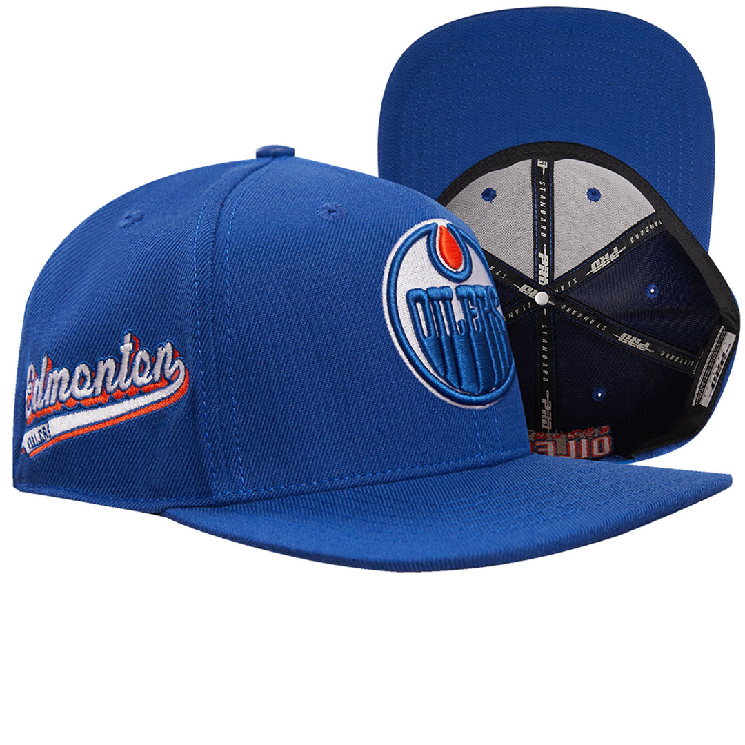 Edmonton Oilers Pro Standard Script Tail Wool Blue Snapback Hat