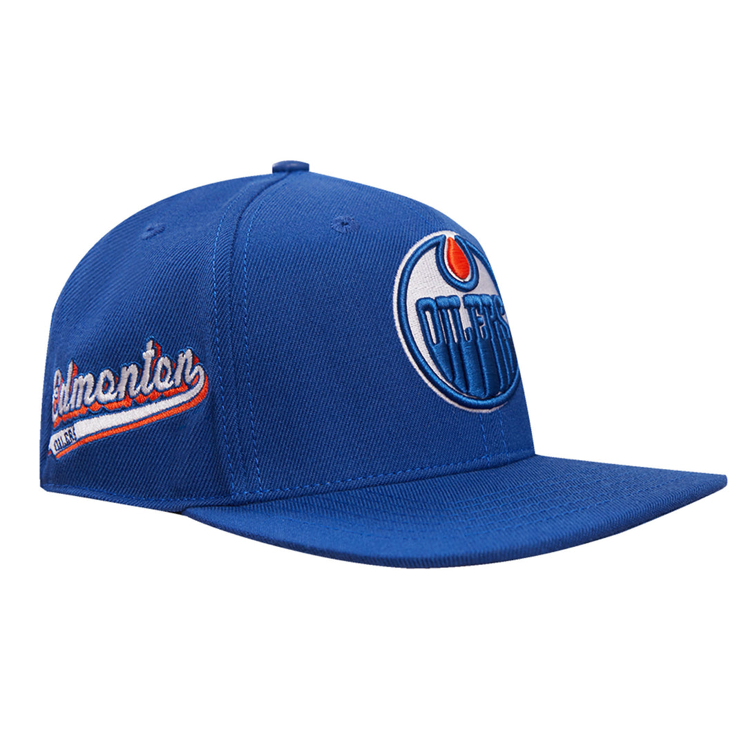 Edmonton Oilers Pro Standard Script Tail Wool Blue Snapback Hat