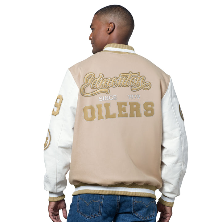 Edmonton Oilers Starter Cream Heavy Hitter Fashion Varsity Full-Zip Jacket