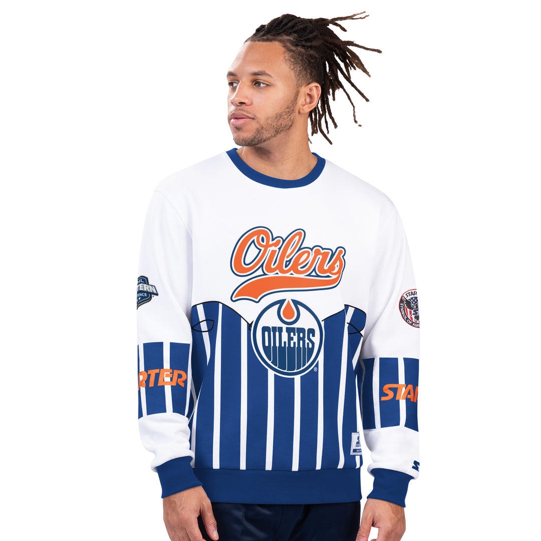 Edmonton Oilers Starter Safety Graphic White Crewneck Sweatshirt