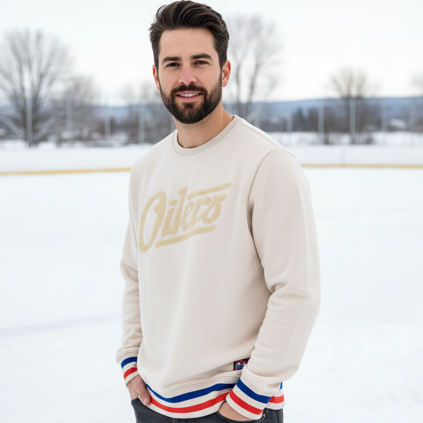 Edmonton Oilers Unisex Authentics Alternate Logo Cream Rib Cuff Crewneck Sweatshirt