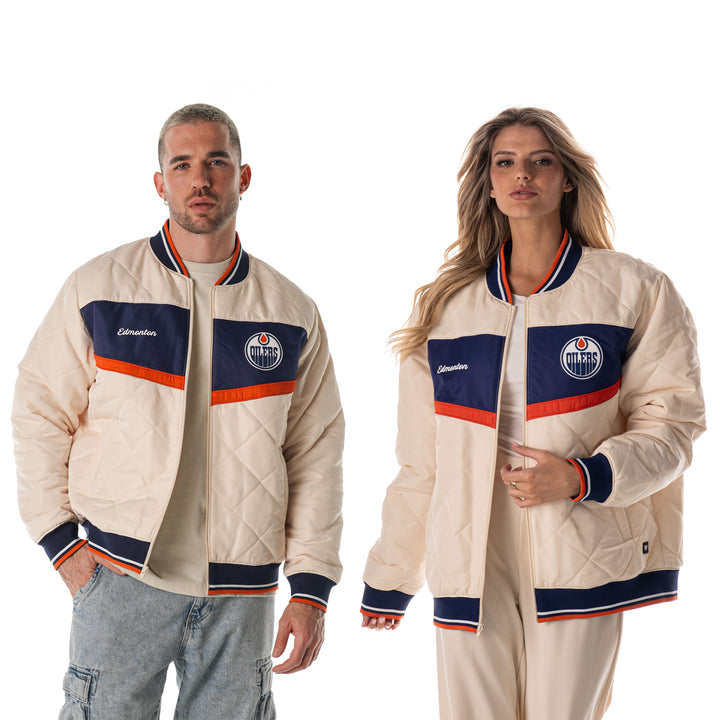 Edmonton Oilers Unisex The Wild Collective Cream Quilted Bomber Jacket