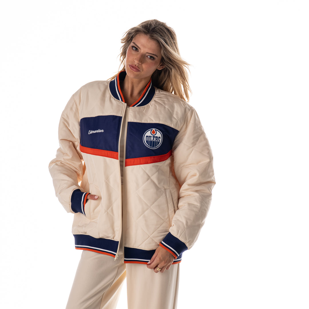Edmonton Oilers Unisex The Wild Collective Cream Quilted Bomber Jacket