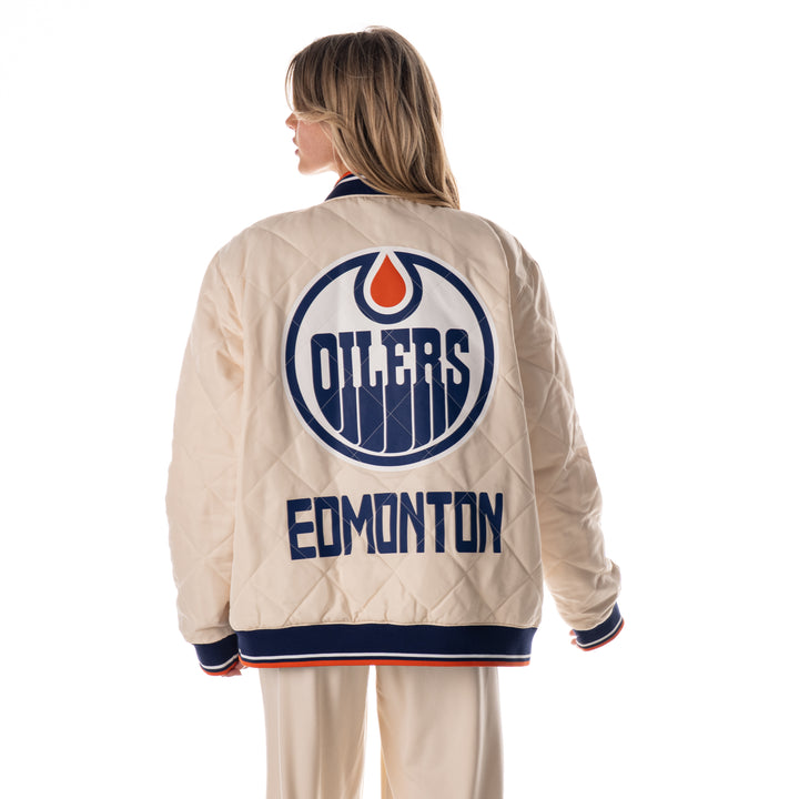 Edmonton Oilers Unisex The Wild Collective Cream Quilted Bomber Jacket