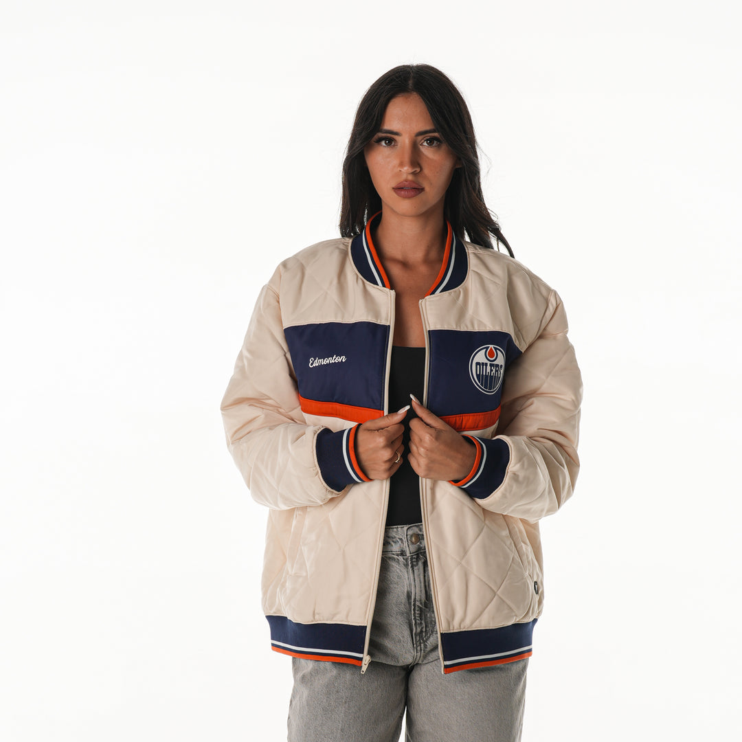 Edmonton Oilers Unisex The Wild Collective Cream Quilted Bomber Jacket