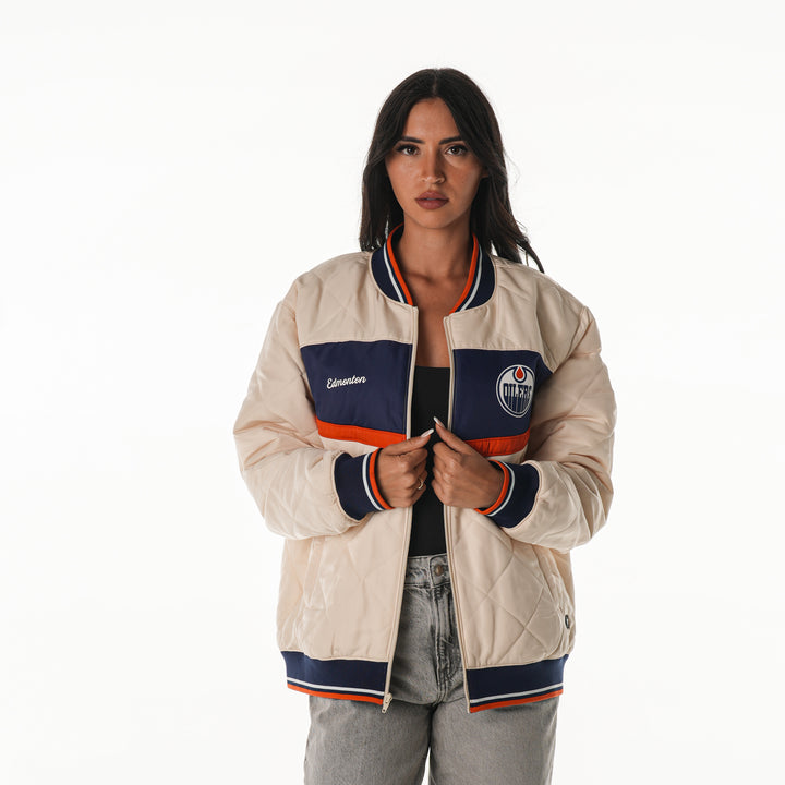 Edmonton Oilers Unisex The Wild Collective Cream Quilted Bomber Jacket
