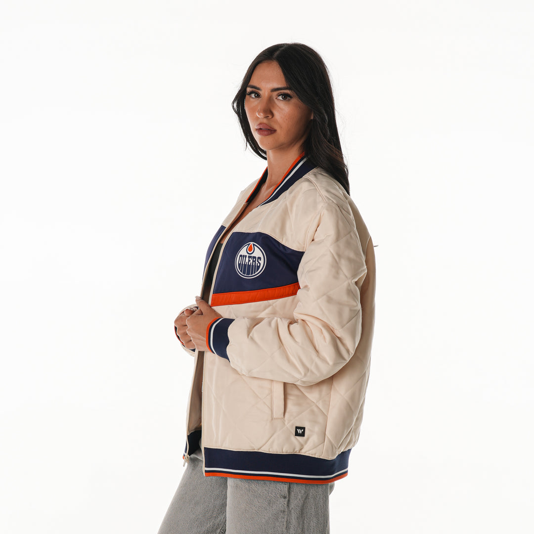 Edmonton Oilers Unisex The Wild Collective Cream Quilted Bomber Jacket