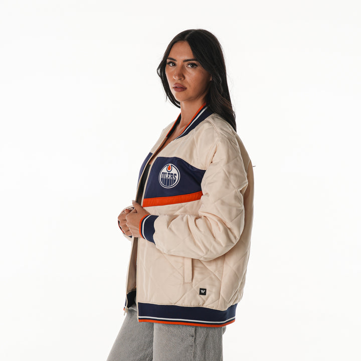 Edmonton Oilers Unisex The Wild Collective Cream Quilted Bomber Jacket