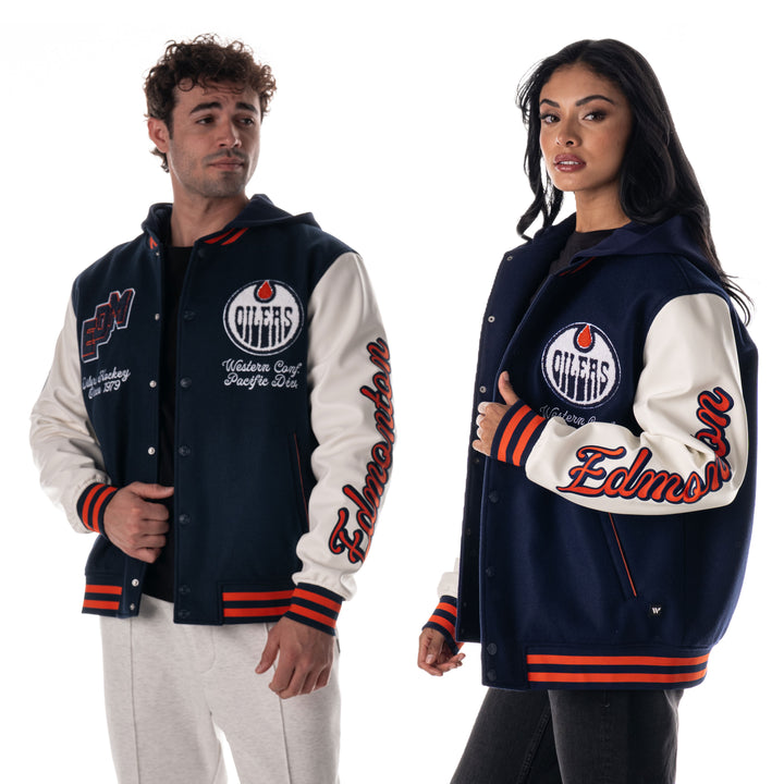 Edmonton Oilers Unisex The Wild Collective Hooded Navy Varsity Coach's Jacket