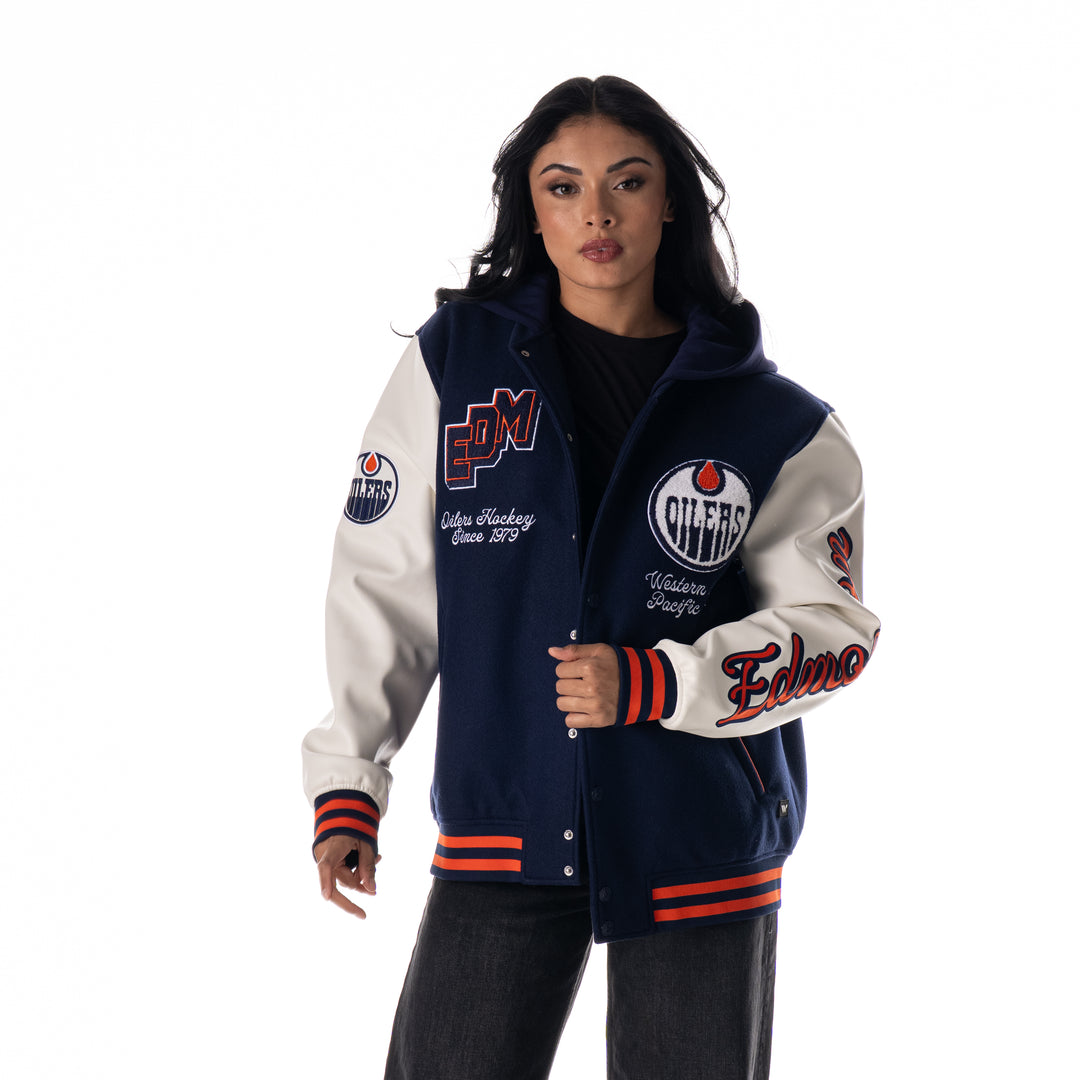 Edmonton Oilers Unisex The Wild Collective Hooded Navy Varsity Coach's Jacket