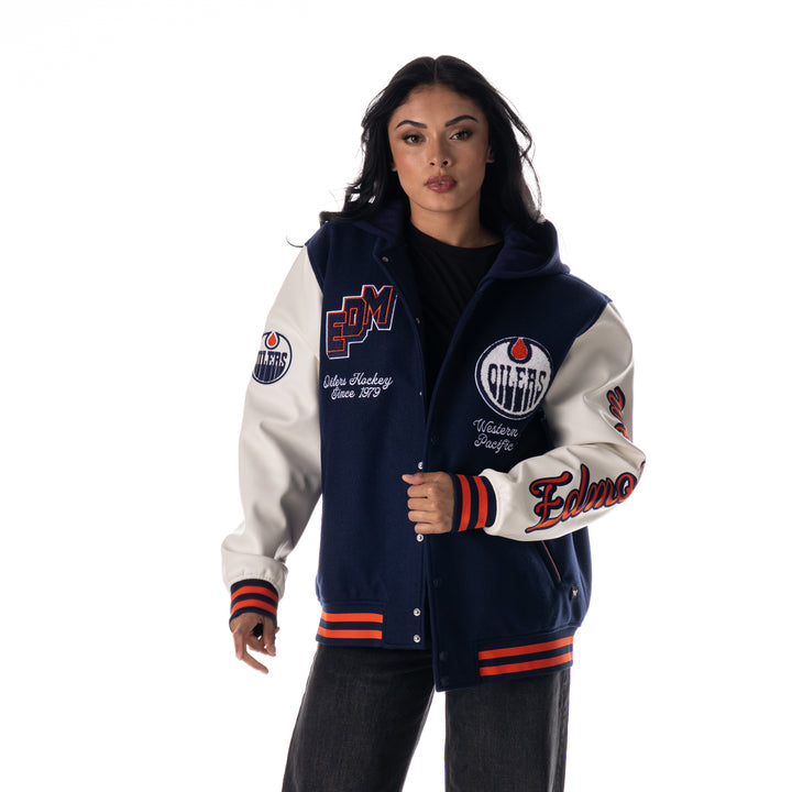 Edmonton Oilers Unisex The Wild Collective Hooded Navy Varsity Coach's Jacket