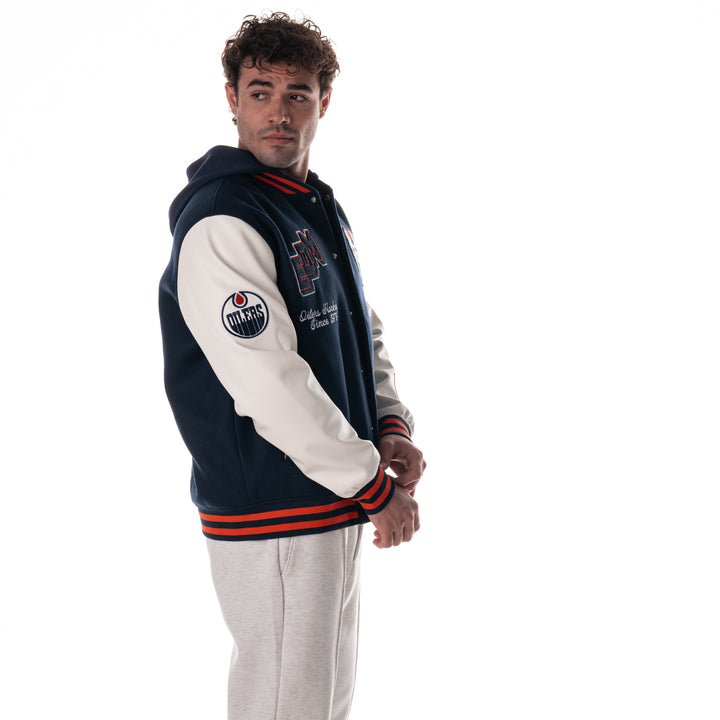 Edmonton Oilers Unisex The Wild Collective Hooded Navy Varsity Coach's Jacket