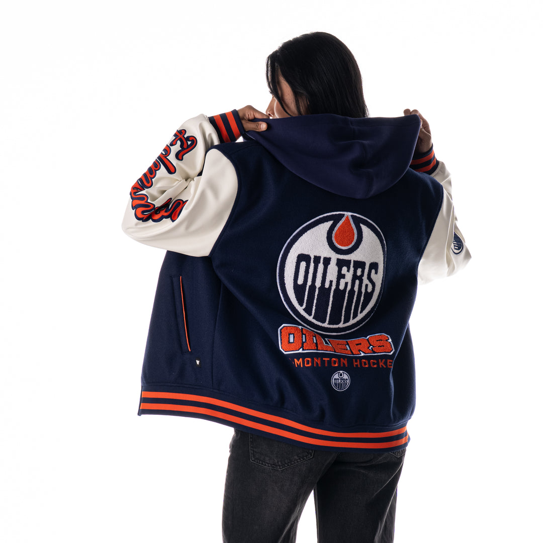 Edmonton Oilers Unisex The Wild Collective Hooded Navy Varsity Coach's Jacket