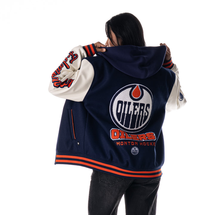 Edmonton Oilers Unisex The Wild Collective Hooded Navy Varsity Coach's Jacket