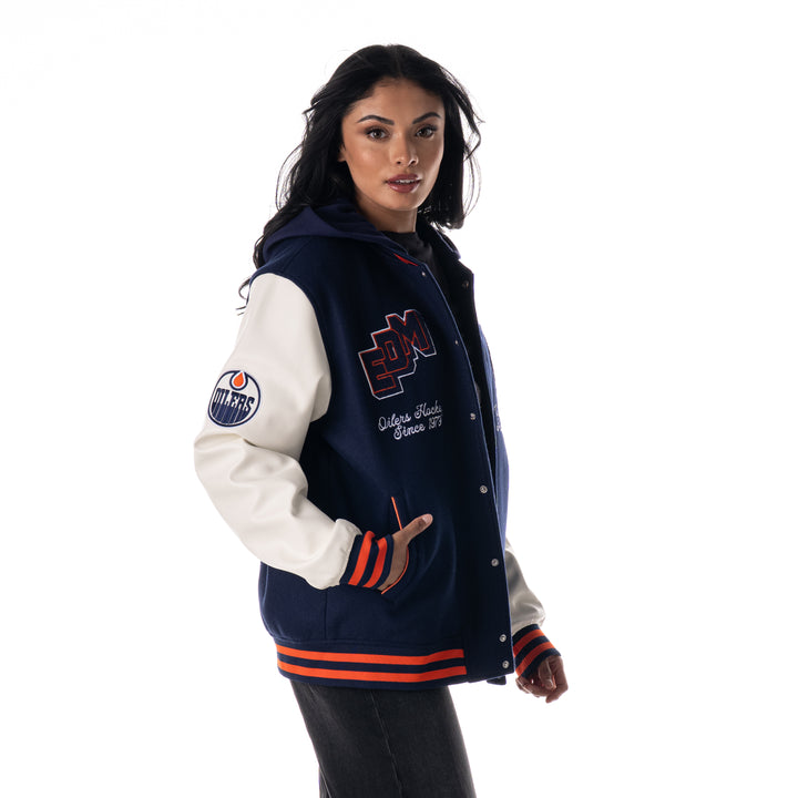 Edmonton Oilers Unisex The Wild Collective Hooded Navy Varsity Coach's Jacket