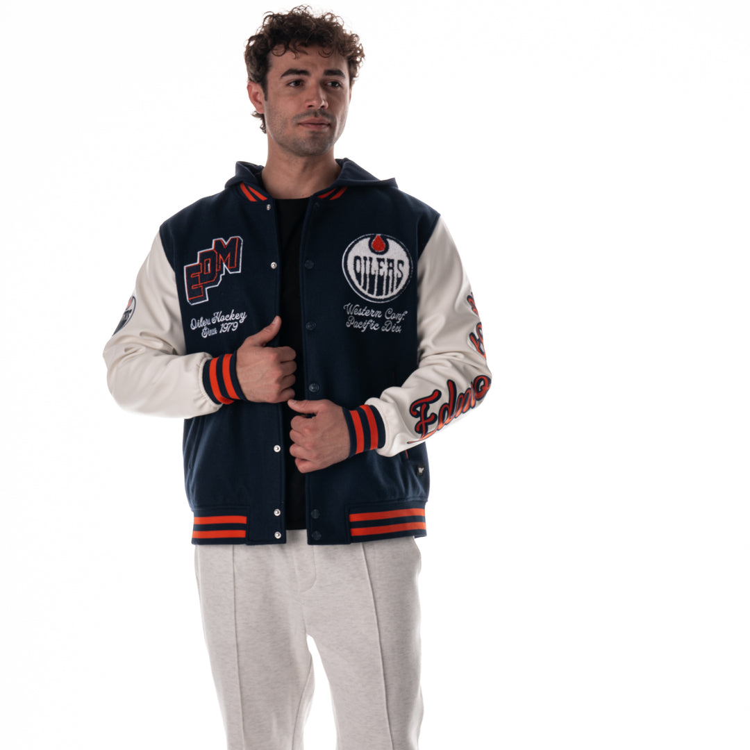 Edmonton Oilers Unisex The Wild Collective Hooded Navy Varsity Coach's Jacket