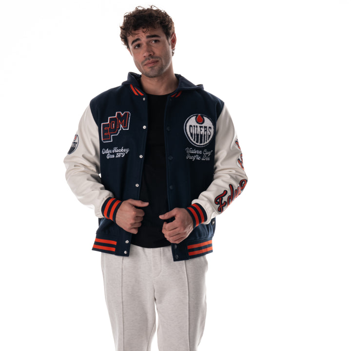 Edmonton Oilers Unisex The Wild Collective Hooded Navy Varsity Coach's Jacket