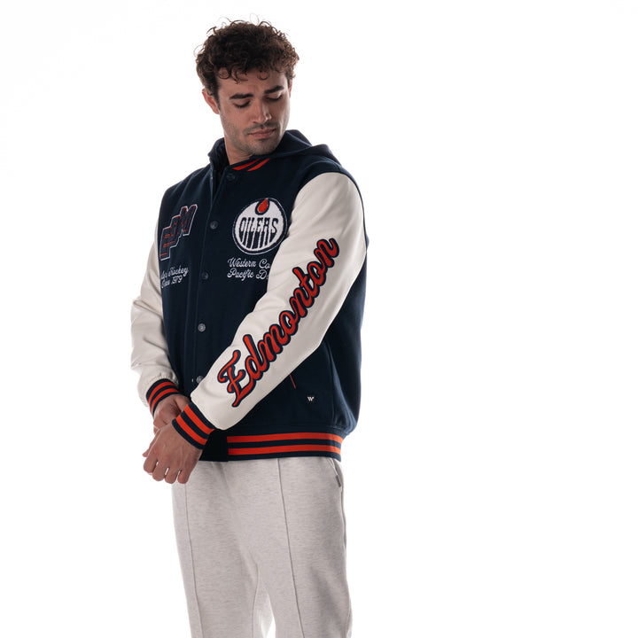 Edmonton Oilers Unisex The Wild Collective Hooded Navy Varsity Coach's Jacket