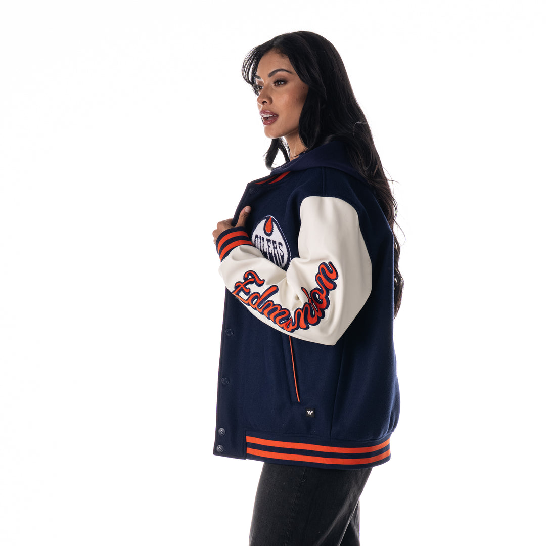 Edmonton Oilers Unisex The Wild Collective Hooded Navy Varsity Coach's Jacket