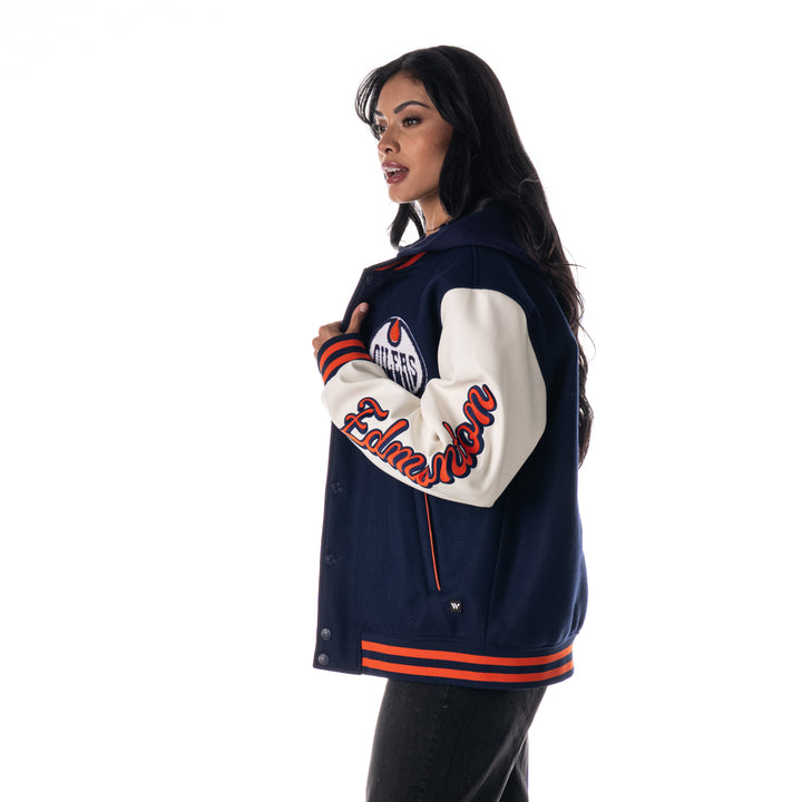 Edmonton Oilers Unisex The Wild Collective Hooded Navy Varsity Coach's Jacket