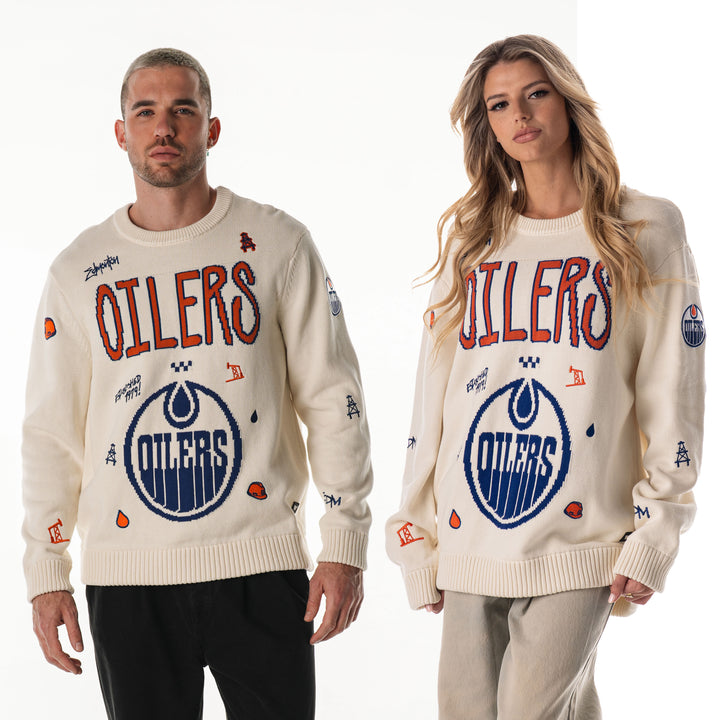 Edmonton Oilers Unisex The Wild Collective Jacquard All Over Cream Crewneck Sweater